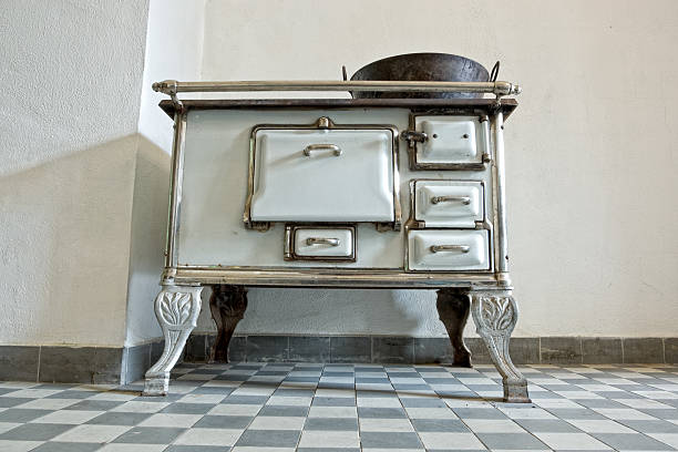 Frontal shot of an old oven.