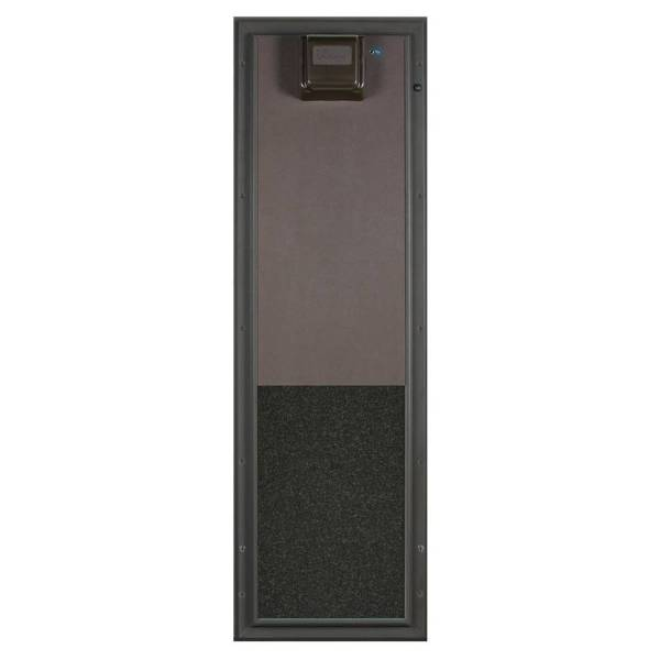 What are the best automatic dog doors. Close-up of a bronze automatic dog door mounted on a wall. The door has a translucent swinging flap
