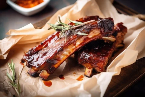 Barbecue ribs with rosemary, served on parchment with a side of seasoning.