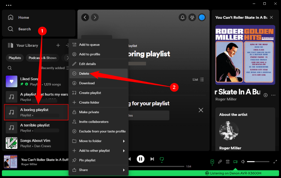 Go to the 'Your Library' section, right-click a playlist, then click 'Delete.'