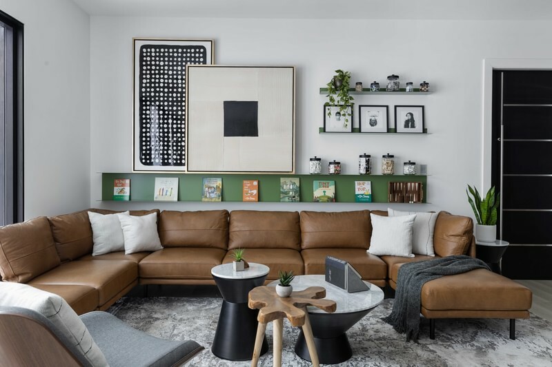 blend of metal shelves with art display on our Double Bender shelves