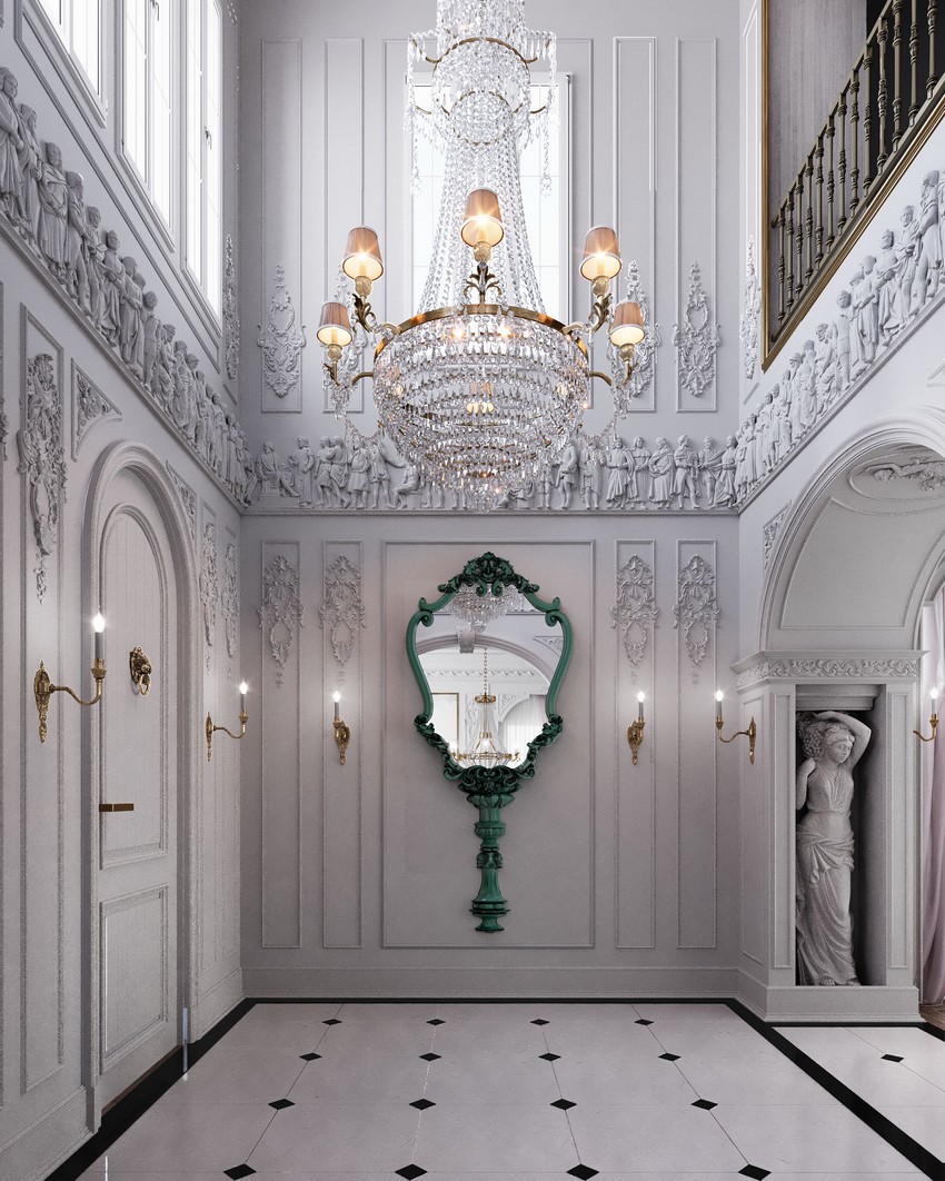modern classic entryway with classic architecture, a big mirror and a crystal chandelier
