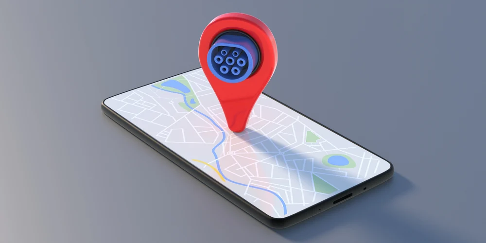 An infographic showing a smartphone screen with a map highlighting electric vehicle charging stations.