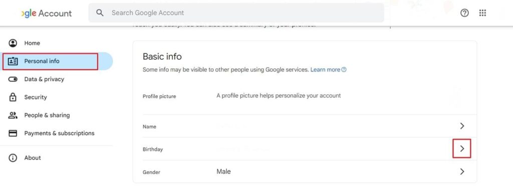 navigate google account info
