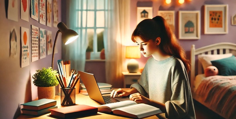 A girl studying in her bedroom using an LED lamp