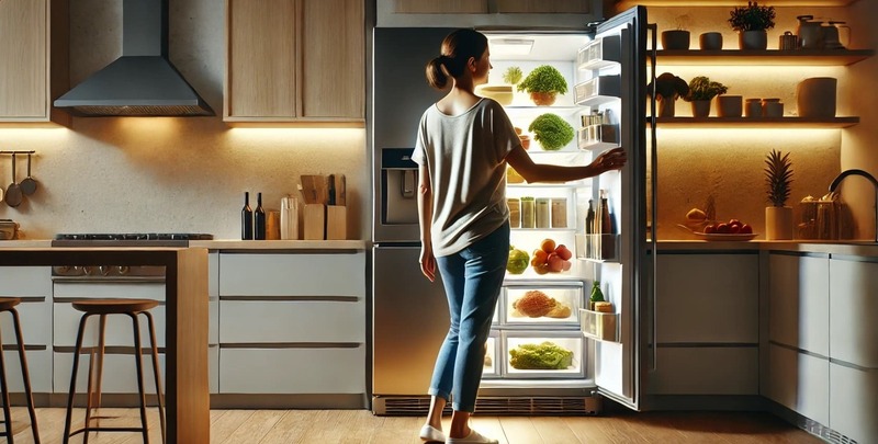 A woman opens her fridge (energy saving ideas)
