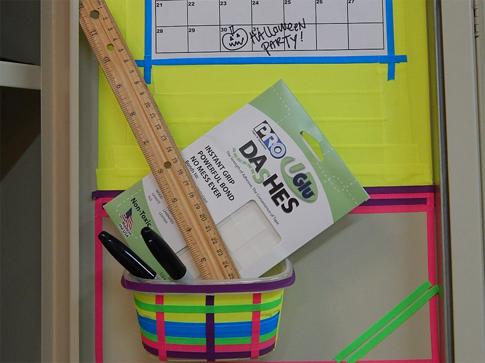 Use UGluÂ® to affix a container to your locker for extra storage.