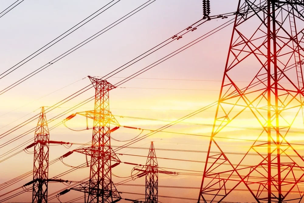 Electricity grid during sunset.