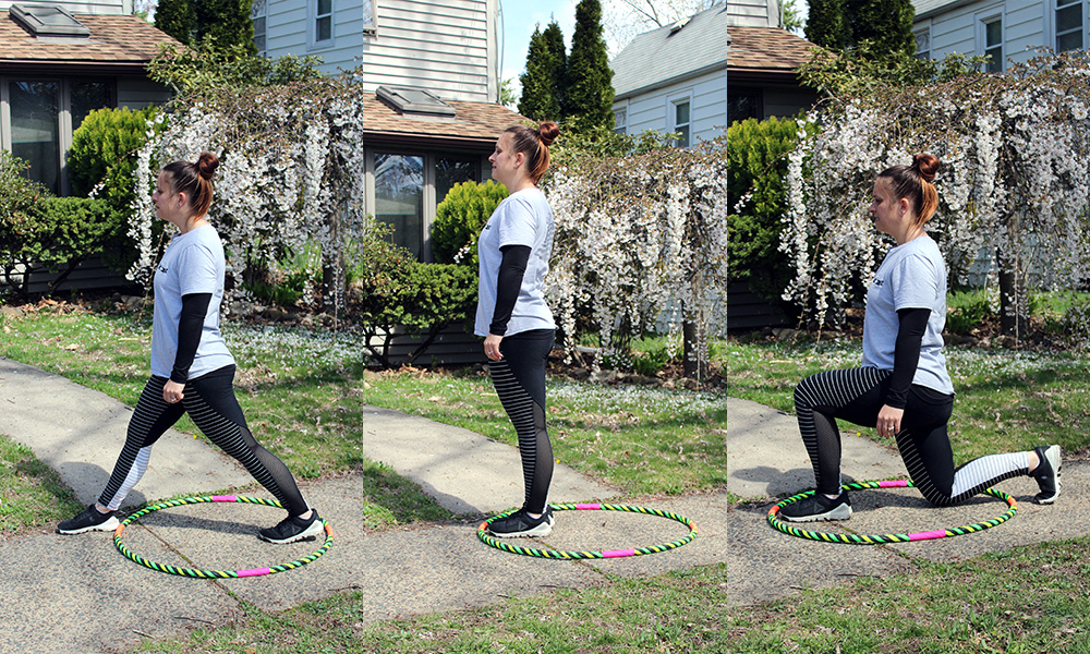 Front Lunge, stand inside the hoop with feet in the back