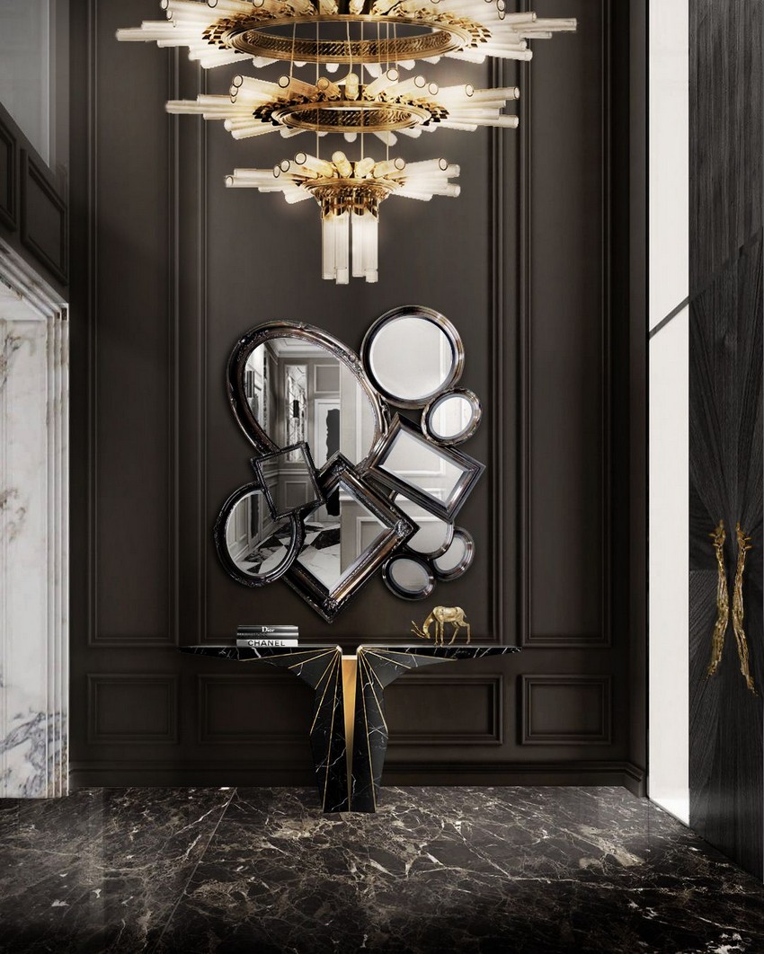 The Root Mirror will create a new dimension in the interior design of your space â€“ it is composed of ten different-sized grey mirrors in rusted golden leaf finished frames, which are then constructed in an overlapping pattern
