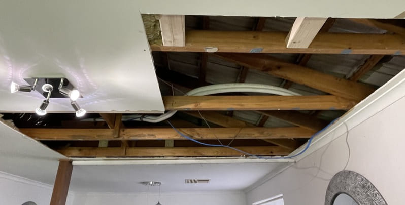 ceiling in the middle of a repair as a result of a leaking roof