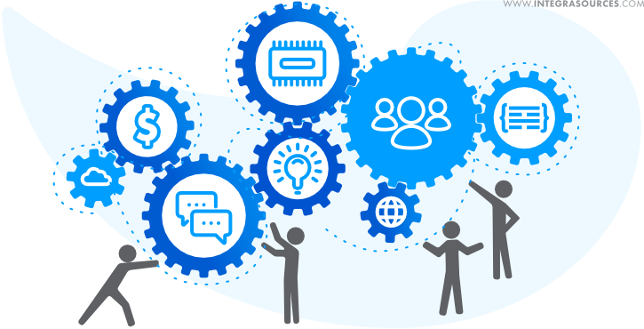 Illustrations of people holding bubbles with icons representing a cloud, a dollar sign, a globe, etc.