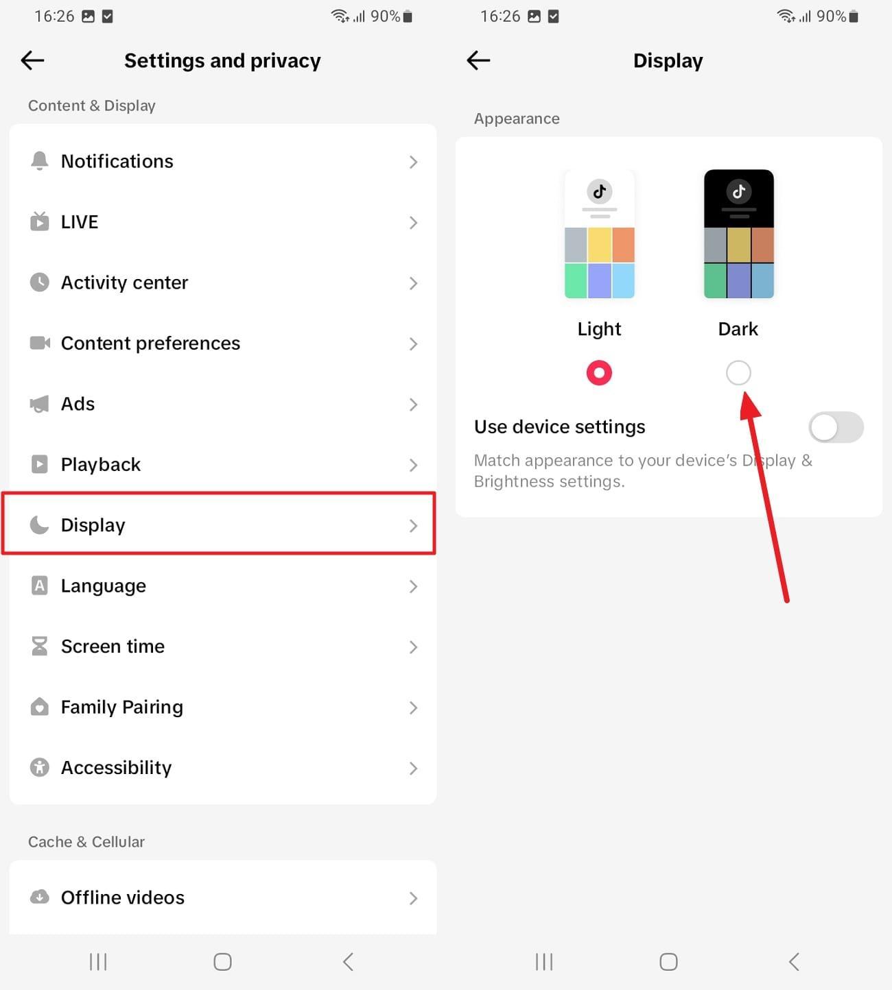 select the dark display feature