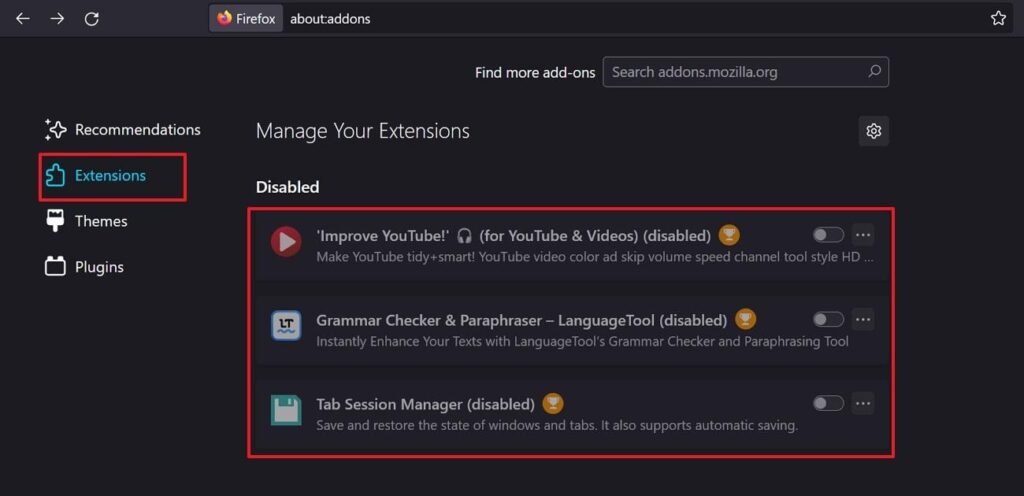 turn off all the extensions