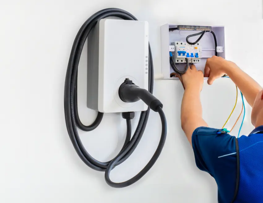 An electrician wiring an EV charging station.