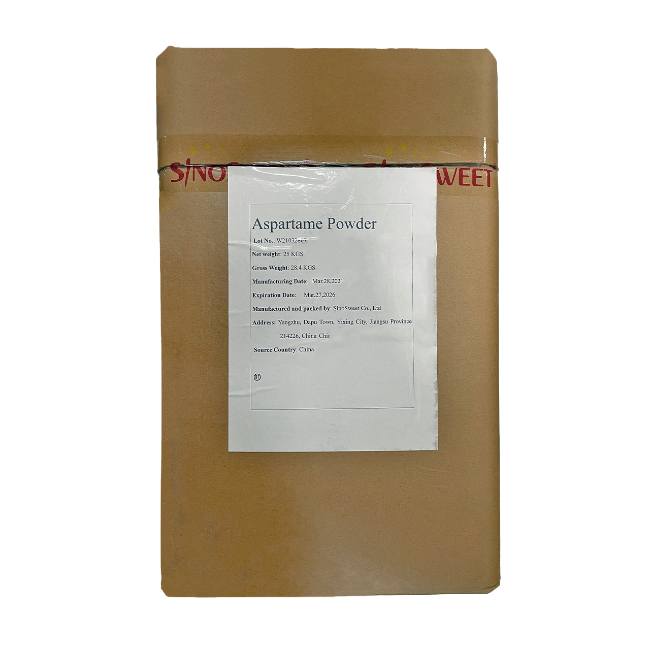 Aspartame, Powder | 55.12 lbs Carton brown box carton with white label and black text
