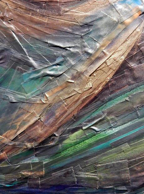 I continued to rip by hand and add multiple layers of Pro GaffÂ® tape. I focused on the contour of the plane by adding different lengths and widths of tape in a variation of shades to create depth and shadow around the form. 