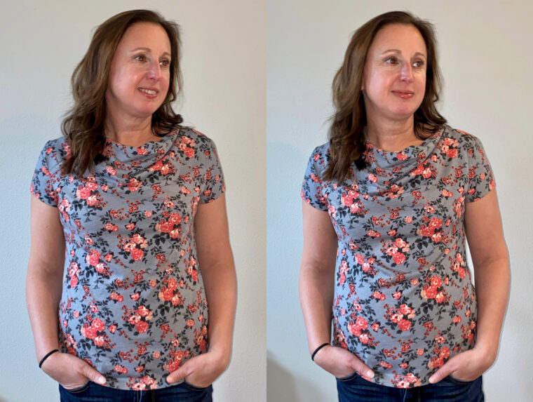 T-shirt fitting tips for a cowl-neck tee.