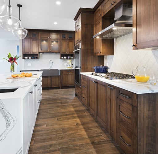 A beautifully designed kitchen with a wooden island