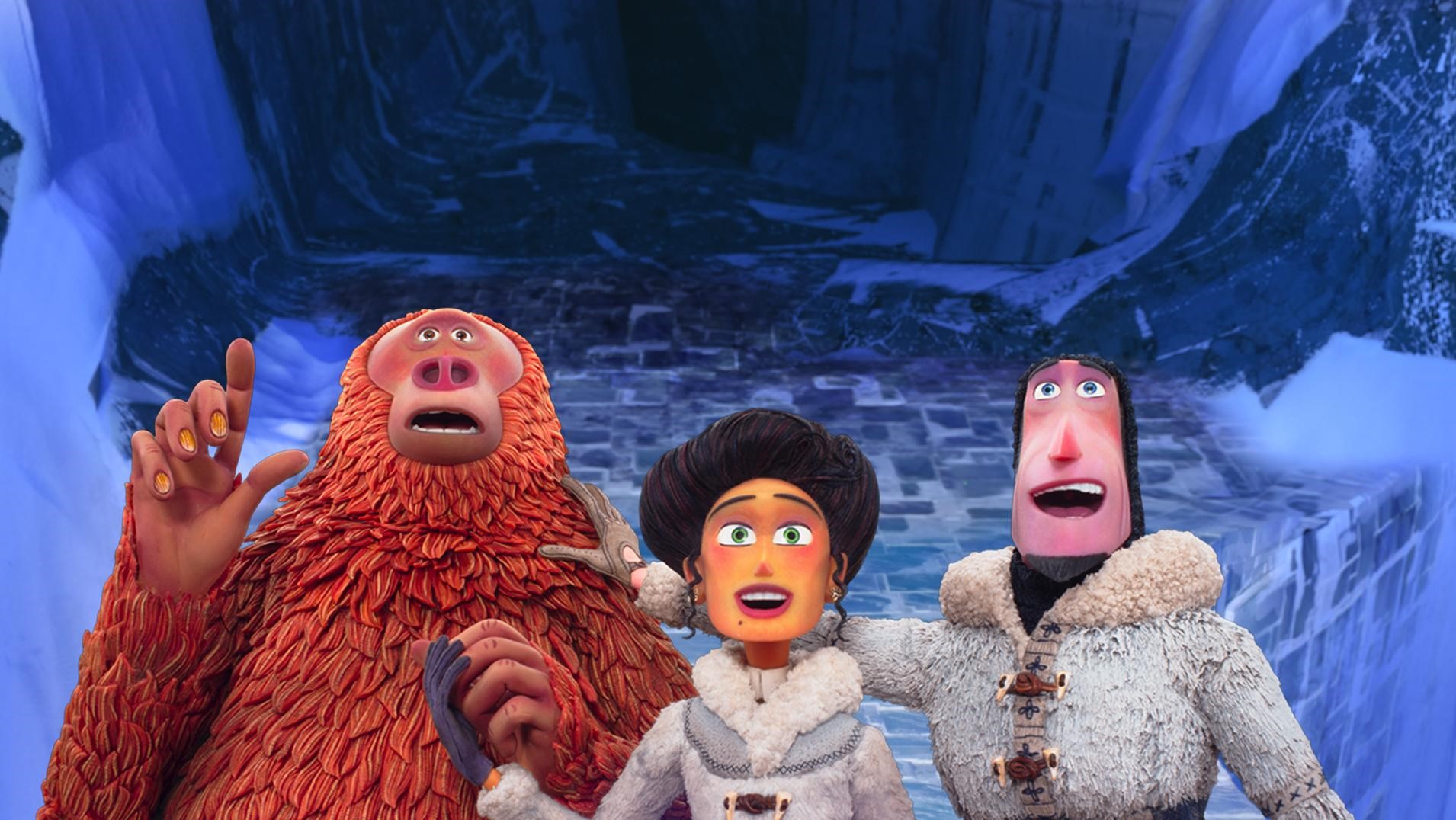 Scene from "Missing Link" showing three animated characters with a look of awe on their faces.