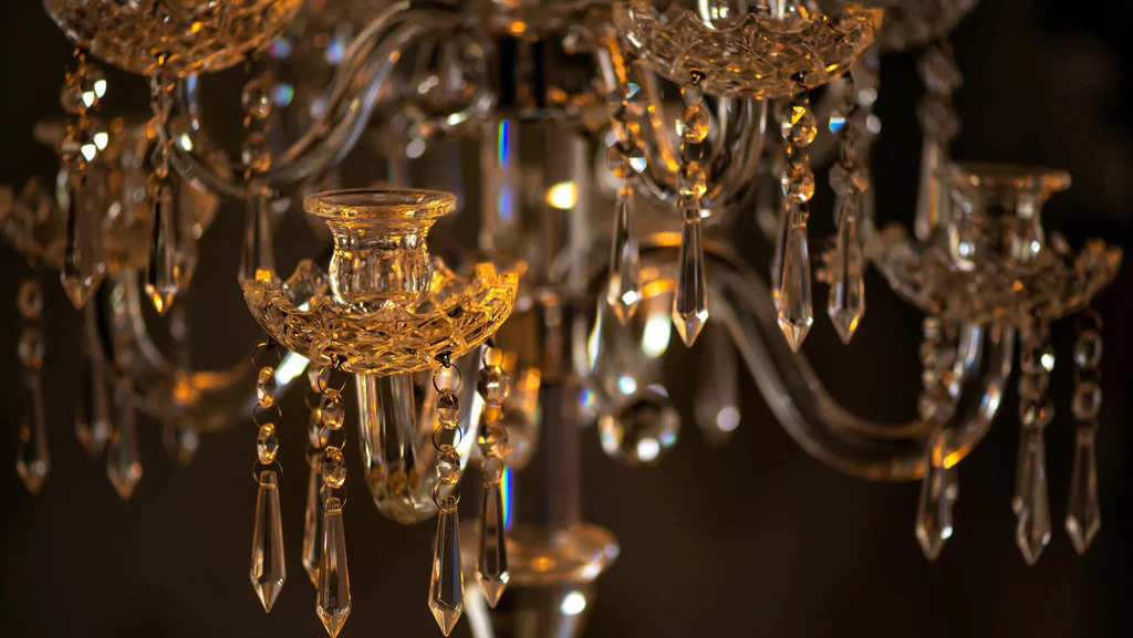 A close-up of a crystal chandelier