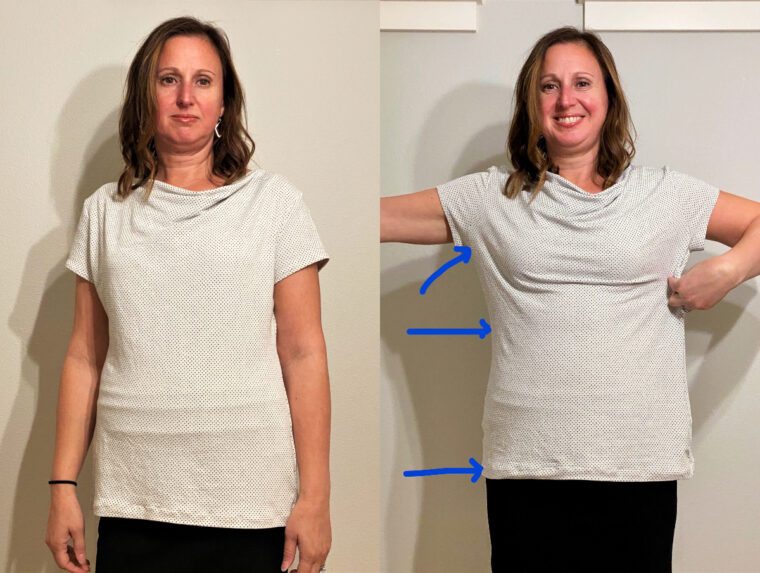 T-shirt fitting tips for a cowl-neck tee.