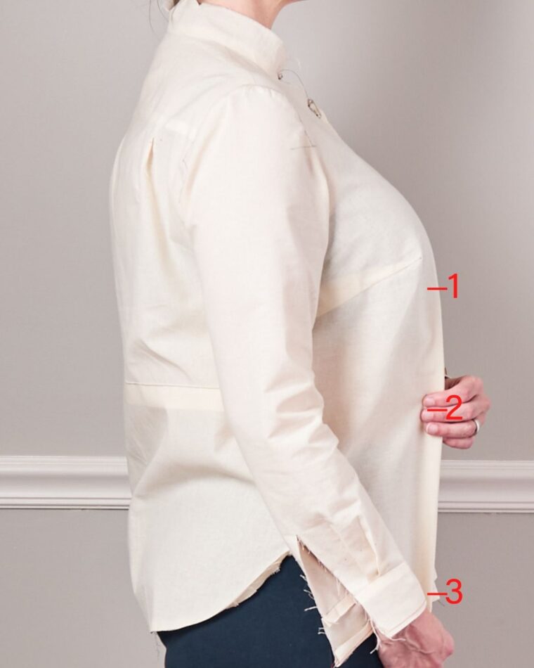 Liesl + Co Classic Shirt Muslin-numbers indicated the three points to mark for a vertical dart