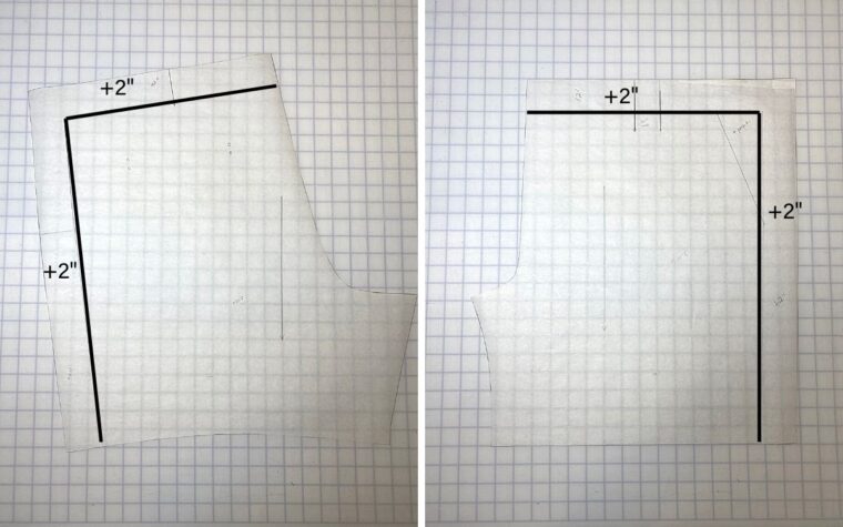 Shorts pattern front and back traced, with 2 inches added to top and sides