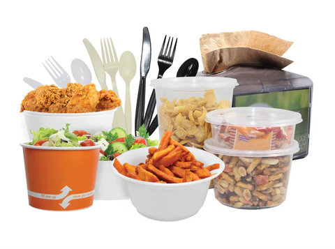 Assorted products such as paper containers, deli containers, a napkin dispenser, napkins, and utensils