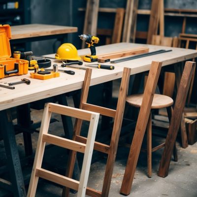 A woodworking station featuring a large workbench with tools such as a drill, measuring tape, hammers, and a yellow tool case neatly arranged. A yellow hard hat sits beside the tools, and partially constructed wooden frames lean against the workbench. The workspace has an organized yet active feel, with various wooden pieces in progress.