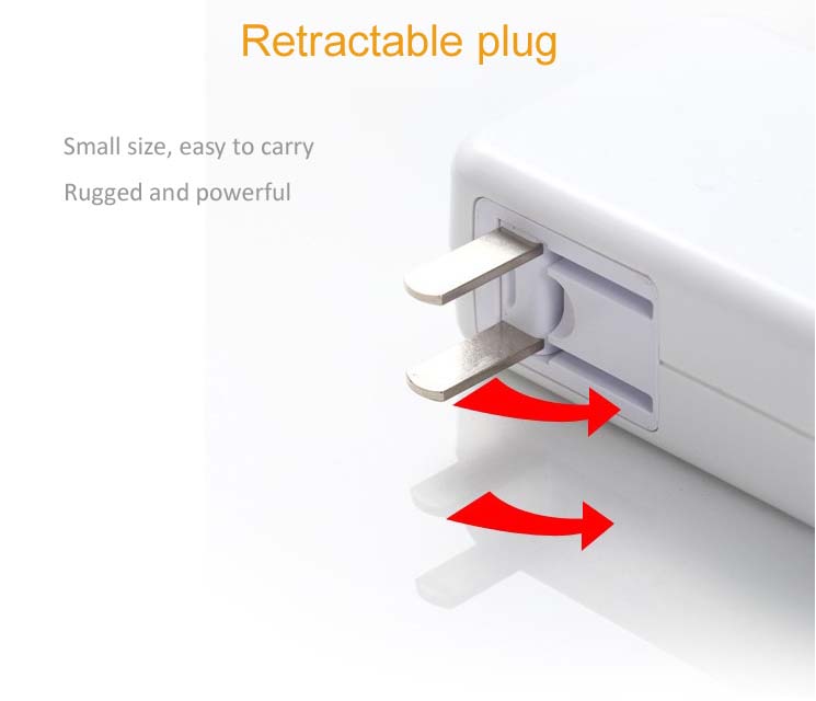 The power adapter has a retractable plug The power adapter has a retractable plug