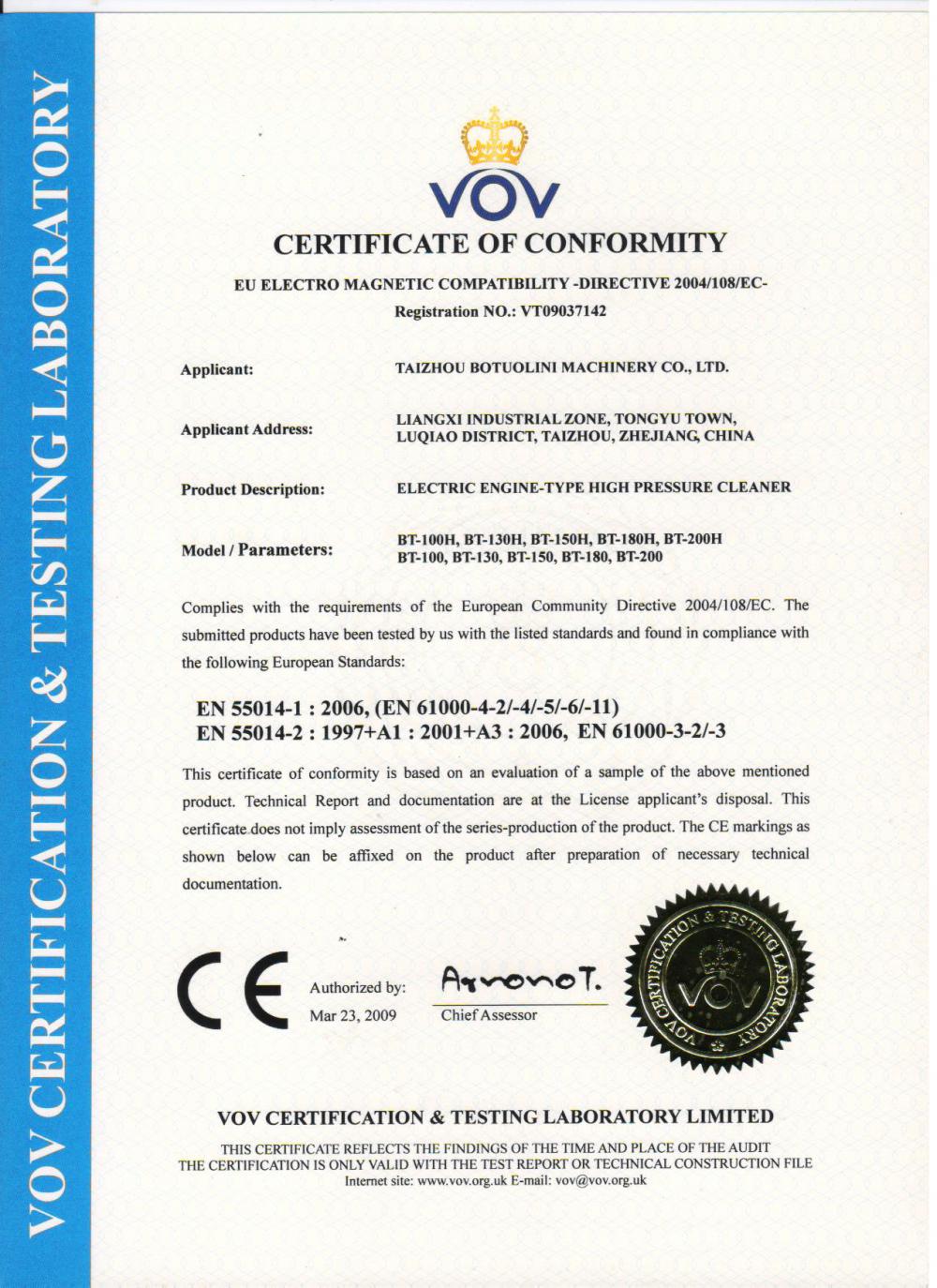 CE Certificate of High Pressure Washer