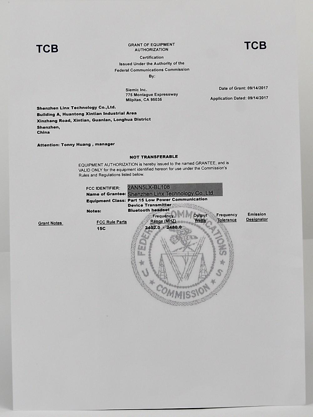 GRANT OF EQUIPMENT AUTHORIZATION