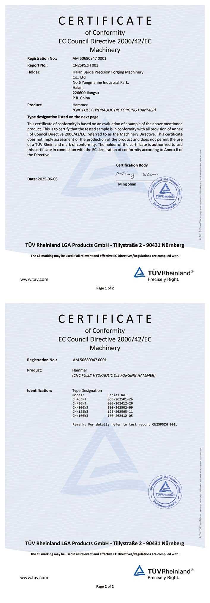 EC Export Certificate for CNC Full Hydraulic Die Forging Hammer