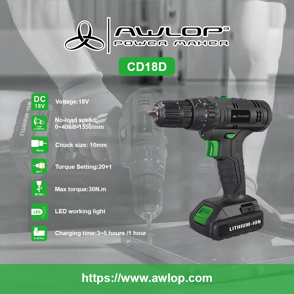 AWLOP Cordless Drill 20+1 Torque setting with led working light CD18D