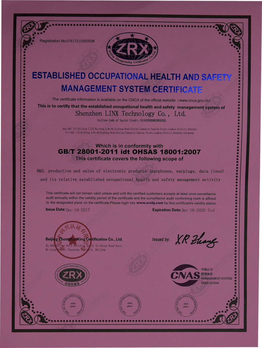 ESTABLISHED OCCUPATIONAL HEALTH AND SAFETY MANAGEMENT SYSTEN CERTIFICATE