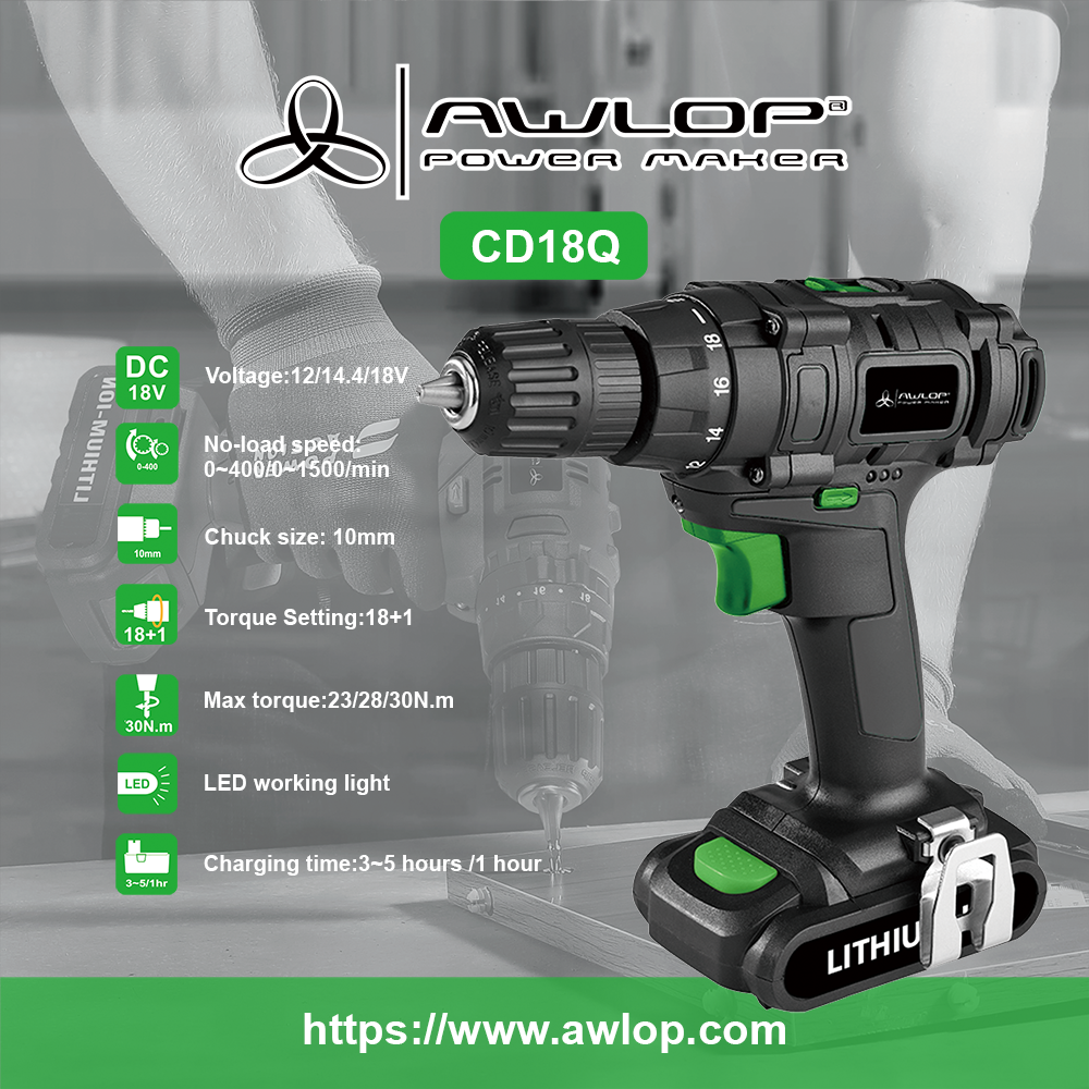 AWLOP 18V Lithium-ion Battery Power Cordless Hammer Drill CD18Q