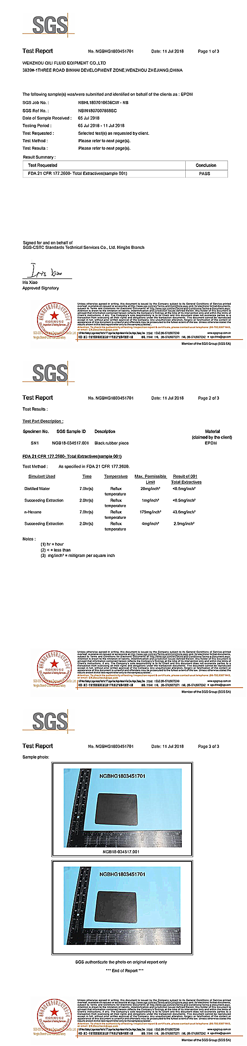 3A Certificate For Gaskets Of EPDM