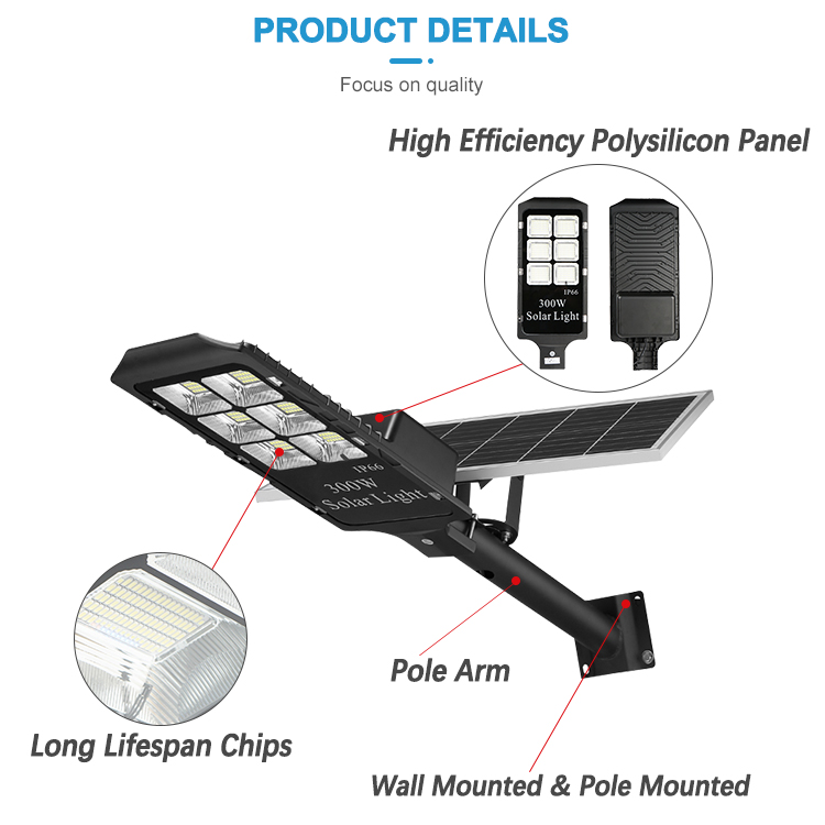 Prezzo all'ingrosso Smd impermeabile Ip66 Outdoor Smd pressofuso in alluminio 100w 300w lampione solare a led