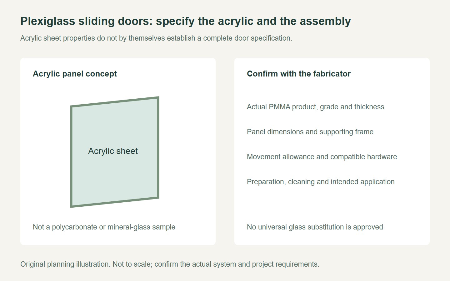 Original acrylic-panel concept with material, support and hardware specification questions