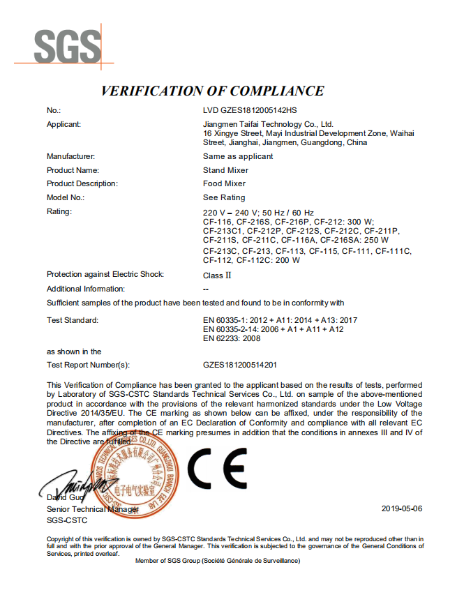 FOOD MIXER CE CERTIFICATE