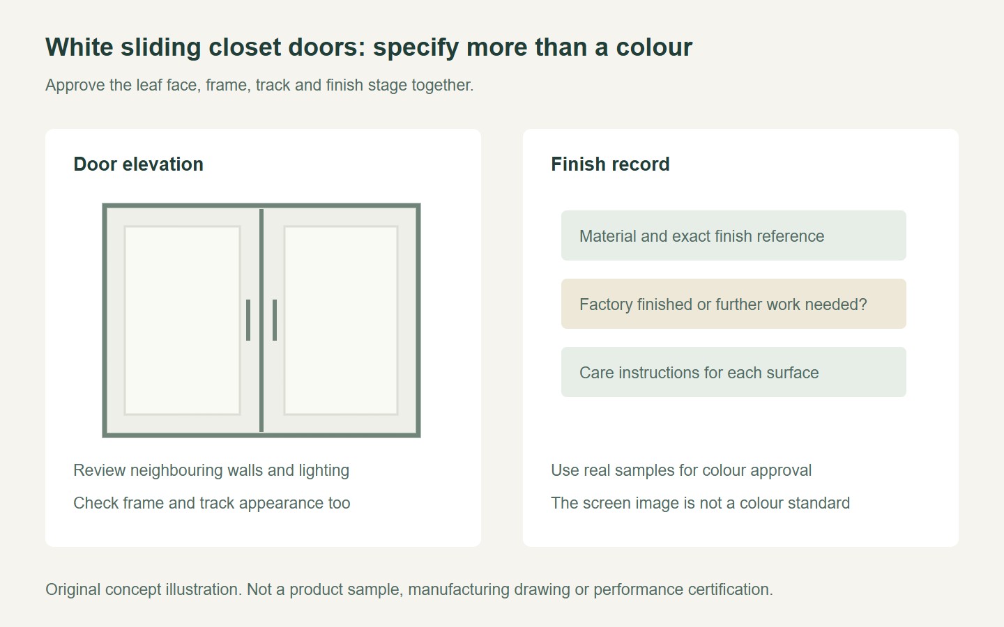 Original white closet-door concept with a checklist for material, finish stage and care
