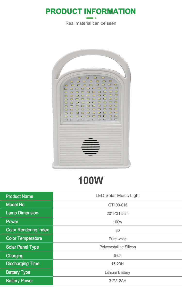 G-Lights Nuovo design ABS Supporto per la regolazione della luminosità Ricarica USB Riproduci musica Luce di inondazione solare ricaricabile da 100 W