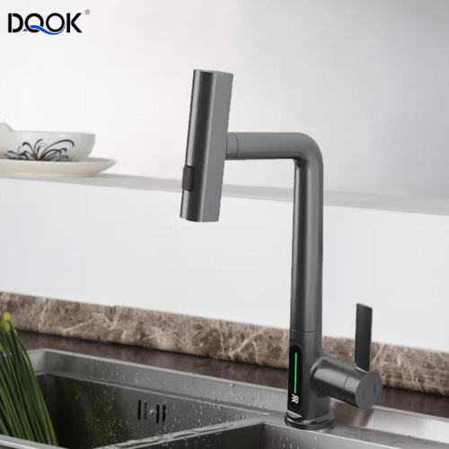 Digital display pull out basin faucet