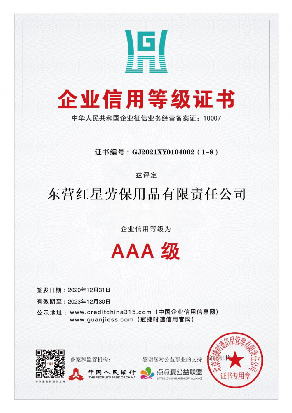 Enterprise credit grade AAA certification