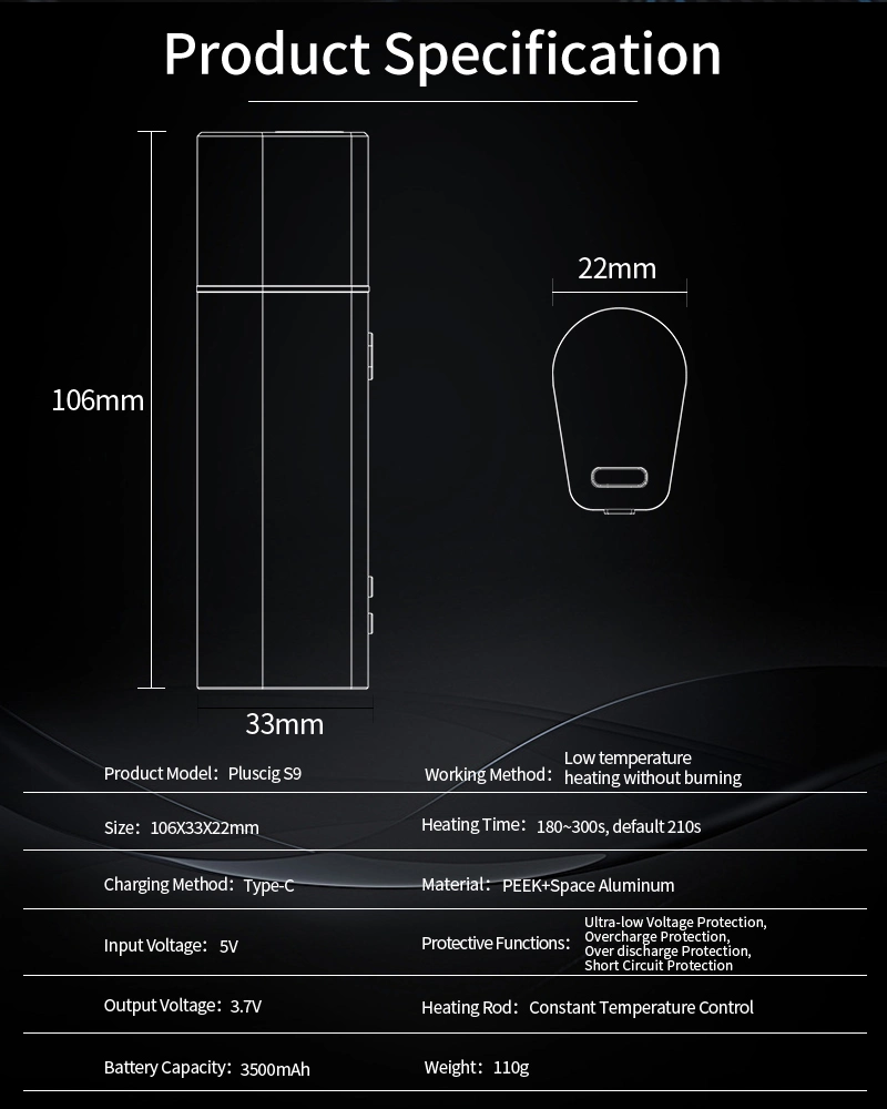 2021 ອຸປະກອນຄວາມຮ້ອນທີ່ບໍ່ເຜົາໄຫມ້ Pluscig S9 OLED ຈໍສະແດງຜົນ 3500mAh E-Cigarette Heating ອຸປະກອນ