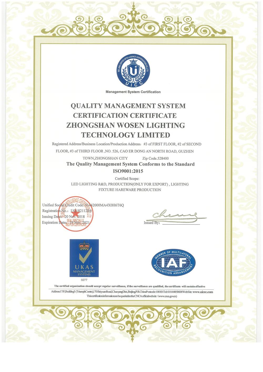 QUALITY MANAGEMENT SYSTEM CERTIFICATION CERTIFICATE