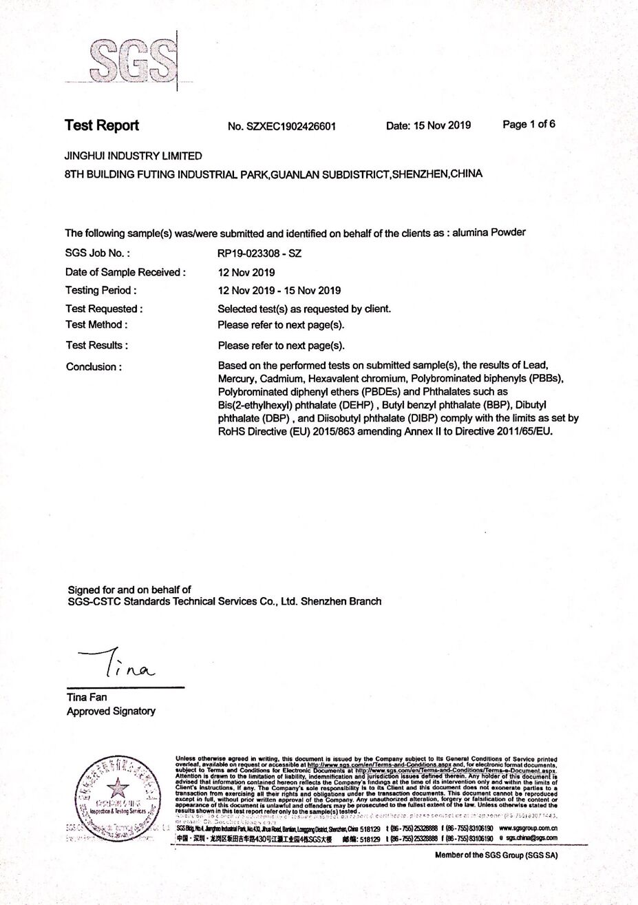 RoHS Cert. for Alumina