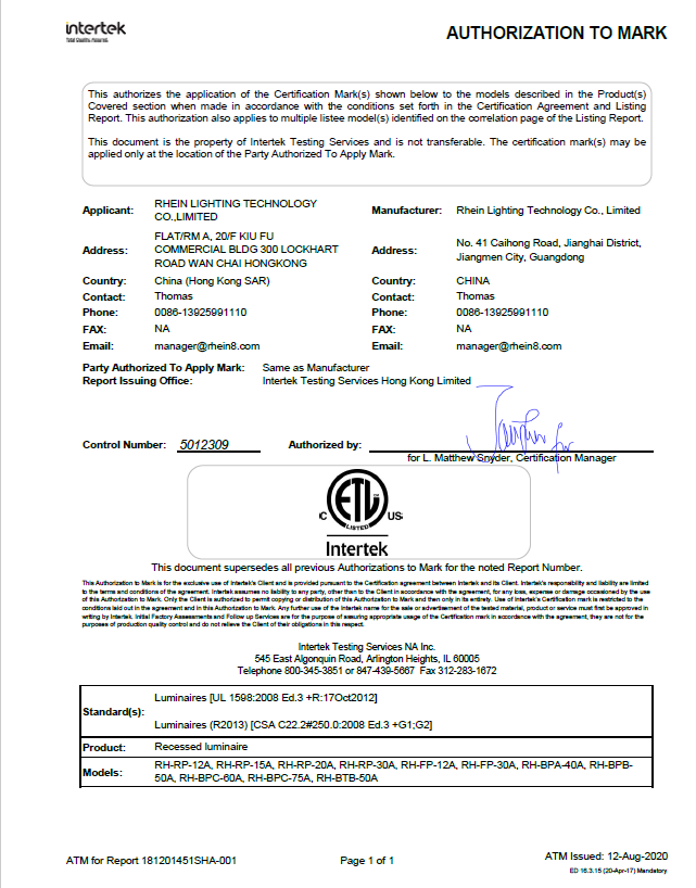 ETL Certification for LED Panel Light