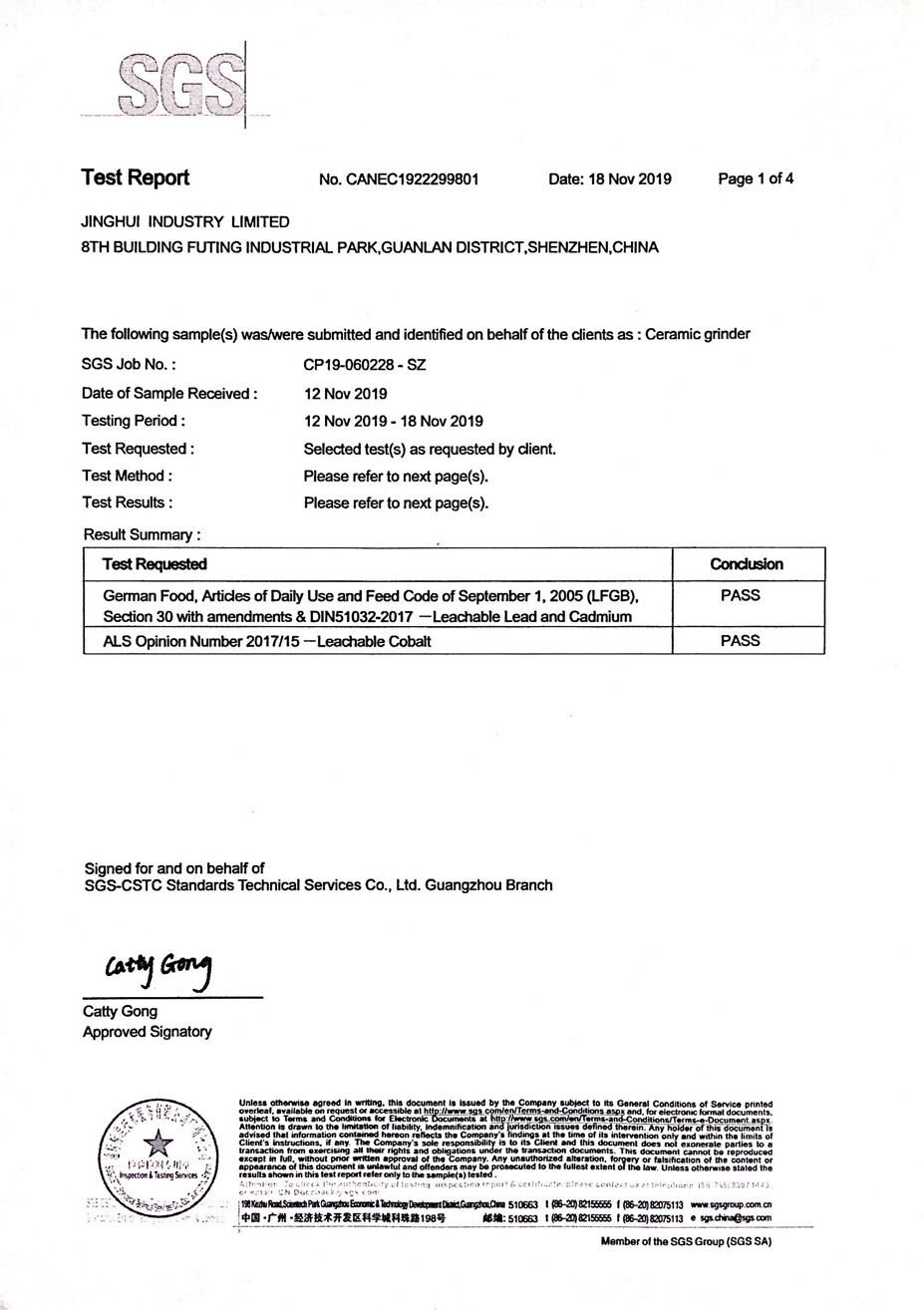 FLGB Cert. for ceramic grinder